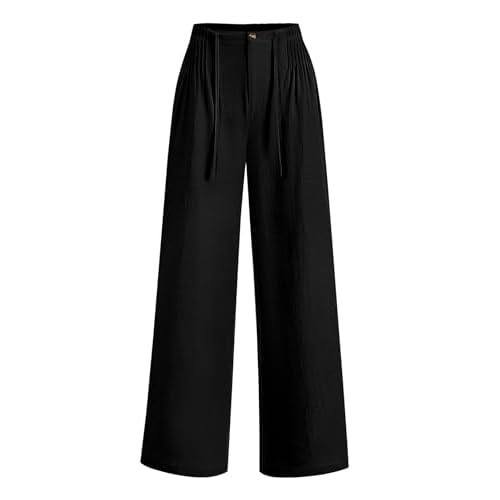 LOMON Womens Linen Pants Summer Wide Leg Cotton Pants Drawstring Elastic Waist Casual Loose Slacks Work Trousers with Pockets Black Large