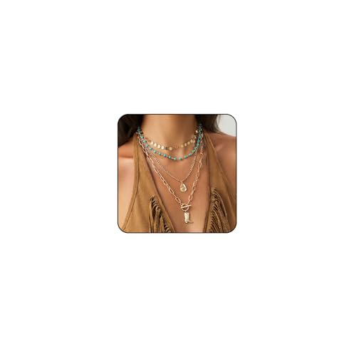 Layered Boho Necklaces for Women Turquoise Western Jewelry for Women Cactus Ox-Head Cross Hat Boots Country Necklace Stack Cowboy Cowgirl Necklace Bohemian Concert Outftis for Women Western Accessories Summer Beach Jewelry