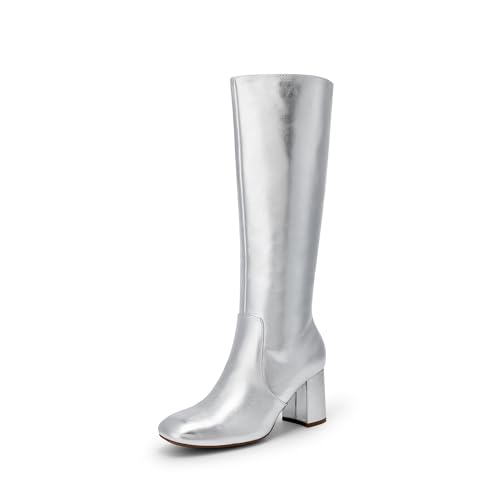 DREAM PAIRS Women's Gogo Boots Square Toe Side Zipper Chunky Heel Knee High Boots For Women 6 Silver