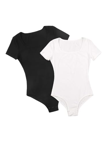 Milumia Girl 2 Pack Scoop Neck Short Sleeve Bodysuit Rib Knit Fitted Casual T Shirts