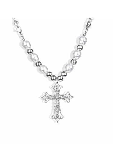 WZNBBOY Celtic Rhinestone Cross Necklace Silver Vintage Y2k Pearl Cross