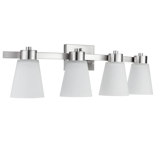 Image of Prominence Home Fairendale 4 Light Brushed Nickel Bathroom Vanity Light with Frosted Glass