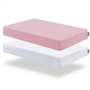 Biloban Pack and Play Sheets Fitted, 2 Pack Pack and Play Sheet Fits for Graco Pack n Play Mattress, Neutral Playard Sheets for Baby Boys and Girl, White & Pink, 38”X 26”