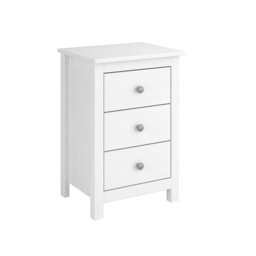 Moblit Mesita de Noche 3 cajones Serie Alme – Madera de Pino Macizo Color Blanco Lavado – Cajonera Moderna Auxiliar Dormitorio – 63x43x35 cm
