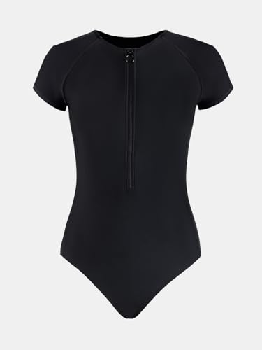 Image of CUPSHE Women's Rash Guard One Piece Swimsuit Short Sleeve Zip Up | Non-Removable Cups, Medium Support, Front Zip, Mock Neck, Fully Lined, UV Swim Shirt, Sporty Bathing Suit