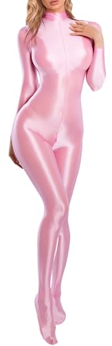 Ausing Women's Long Sleeve Sheer Body Stocking One Piece Spandex Jumpsuits Rompers Shiny Glossy Zip-Front Leotard Sexy Opaque Glossy Swimsuit Pink XL