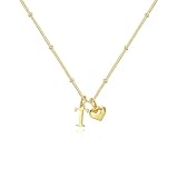 M MOOHAM Initial Necklaces for Women Trendy - 14K Gold Plated Dainty Heart Letter T Necklace for Women Heart Initial Necklaces Tiny Small Jewelry