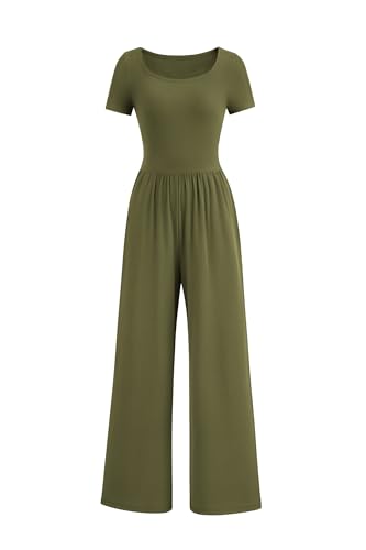 PRETTYGARDEN Women's Summer One Piece Jumpsuits Dressy Casual Short Sleeve Square Neck Wide Leg Jumpsuit Rompers