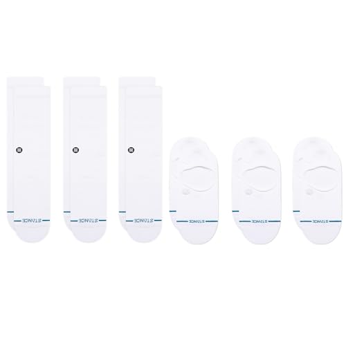 Stance Icon Crew + No Show 6-Pack Bundle, White, Medium