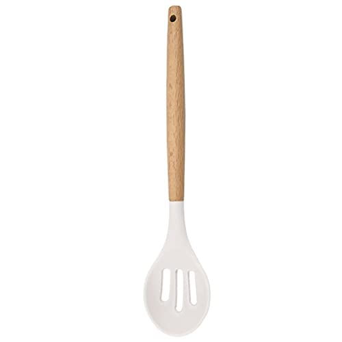 BRIIEC 1pc White Silicone Slotted Spoon with Wooden Handle, Heat Resistant Cooking Utensils, Mixing Spoon, Cooking Backing Spoons Set for Stirring, Mixing and Serving