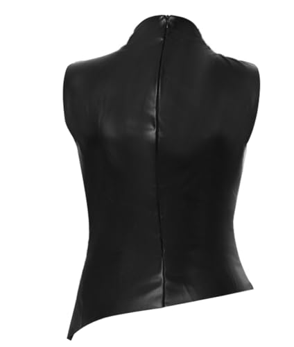 Women's Sexy PU Leather Sleeveless Tank Tops Pleated Slim Fit Mock Neck Asymmetrical Ruched Blouse T Shirt with Zipper3