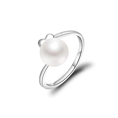 CRANE PEARL Perlen Ringe - 925 Sterling Silber Offenen Ring mit echten Perlen 7-8mm Süßwasser-Zuchtperlen Damenring Herz Verstellbare Ringe für Damen Cover