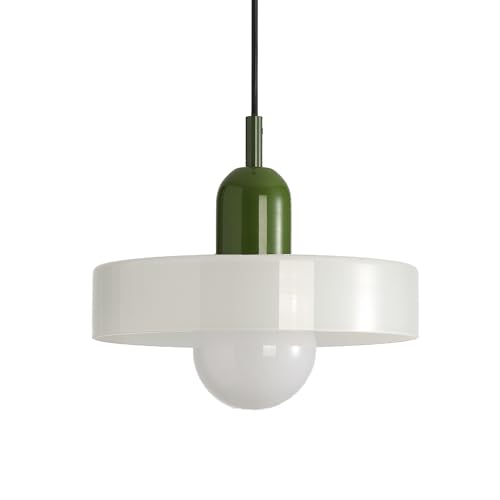 XIRYTU-H 25CM Retro Modern Colourful Glass Pendant Light with Green Metal, Adjustable Height, E27 Hanging Ceiling Lamp for Kitchen Island, Dining Room, Bedroom, Café (White)