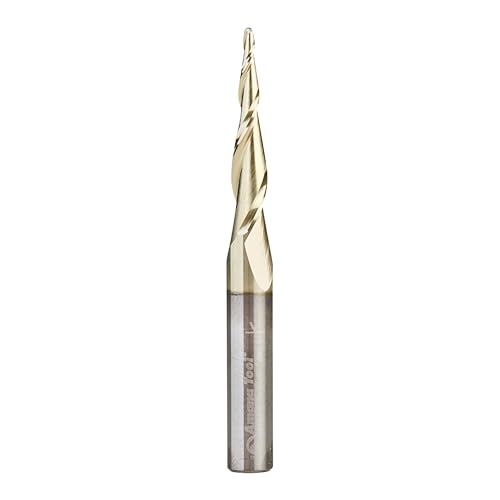 Image of Amana Tool Up Cut Spiral CNC Router Bits for 2D /3D Carving, ZrN Coated, 46252-S, 5.5 Deg Tapered Angle Ball Tip x 1 /16 D x 1 /32 R x 1 x 1 /4 Shk x 2 Fl
