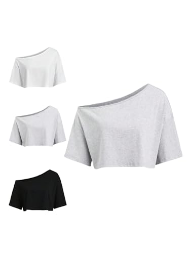 SOLY HUX Women's Off The Shoulder Short Sleeve T Shirts 3 Packs Crop Tees Summer Basic Tops