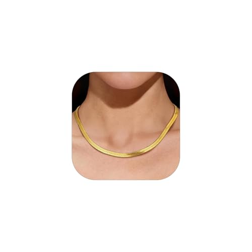PROSTEEL 3mm/5mm Herringbone Choker Necklace for Women, 12.5"/15"/18", Stainless Steel/Sterling Silver Flat Snake Chain in Silver/Yellow Gold/Rose Gold/Black, Come with Box 15 Inch 5mm-Gold