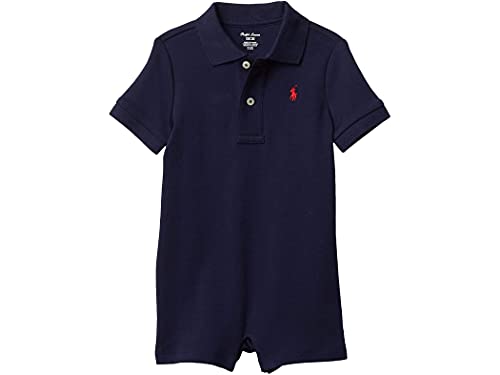 Image of POLO RALPH LAUREN Baby Boys Cotton Interlock Polo Shortall (French Navy(4003)/Red, 12 Months)