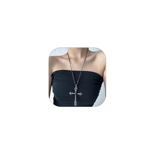 Gothic Punk Cross Pendant Necklace Vintage Rhinestone Pearl Beaded Cross Long Necklace Sweater Chain for Women Men Jewelry Gifts