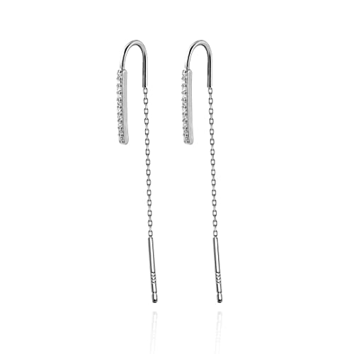 SLUYNZ 925 Sterling Silver Bar Threader Earrings Dangle for Women Teens CZ Chain Dangle Earrings Drop Tassel