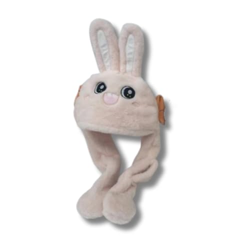 Carrot Bunny Plush Hat with Moving Ears – Soft Sound Hat with Long Scarf Flaps, 3 Color Variations