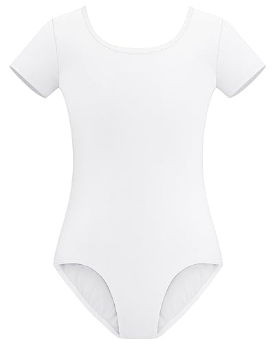 Stelle Girls Leotards for Dance Ballet Unitards Short Sleeve Tumbling Athletic Gymnastics Leotard(White 6-7Y)