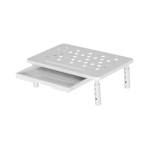 Support d'écran plateforme ajustable en métal blanc avec tiroir de bureau intégré