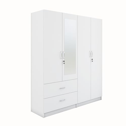 Image of VIKI Wardrobe | Wooden Almirah for 4 Door 2 Drawer with Shelves & 2 Hanging Space Mirror Wardrobe (Frosty White - 40D x 160W x 180.8H) | 1 Year Warranty | Free Assembly