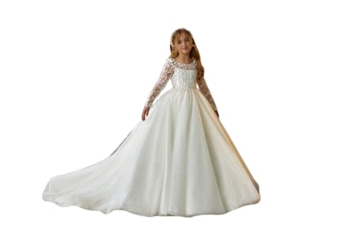 Girls Lace Applique Flower Girl Dresses with Sleeve Wedding Dress Puffy Tulle Pageant Gown WT03