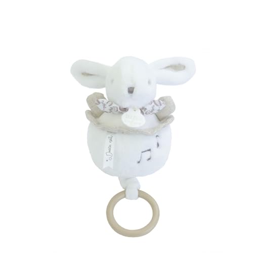 Boîte à musique Lapin Doudou et Compagnie blanc en peluche douce avec anneau bois DC4365