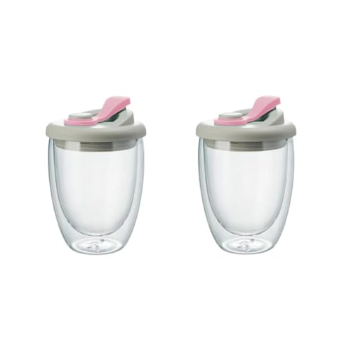 Uhidka de Agua de Vidrio de Doble Pared con Tapa A Prueba de Fugas - de Café Transparente Aislada para Leche, Té, Jugos, Bebidas, Color Rosa