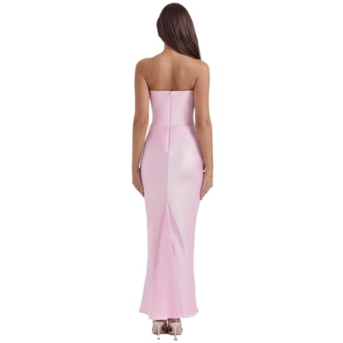 Image of ANKOMINA Women's Strapless Boned Corset Satin Dress Sexy Backless Pleated Stitching Dresses for Wedding Cocktail