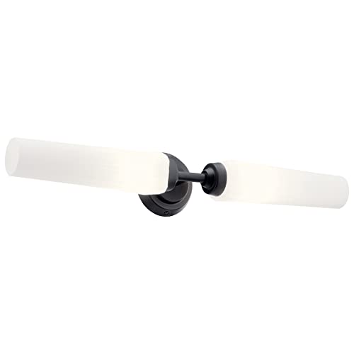 Image of Kichler Truby 24.75 inch 2-Light Bathroom Vanity Light Fixture with Satin Etched Cased Opal Glass in Black, Modern Wall Sconce for Bath and Mirror Lighting, 55075BK
