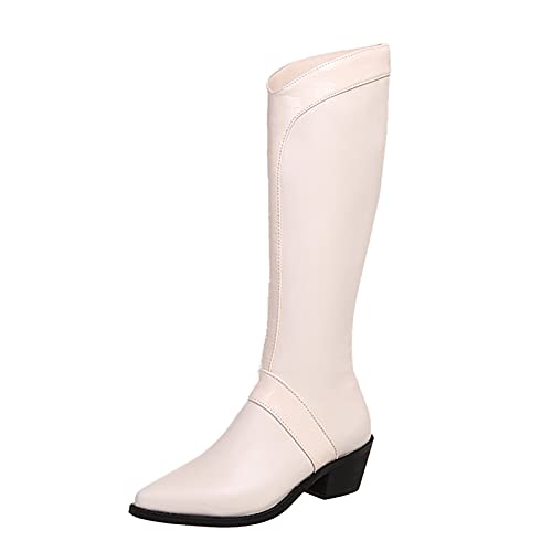 YWLINK Botas De Piel Para Mujer Botas De Jinete De CañA Alta Botas De Color Liso Botas De TacóN Grueso Con Cremallera Botas Puntiagudas Elegante Y Confortable Botas De Todo FóSforo (Beige, 37)