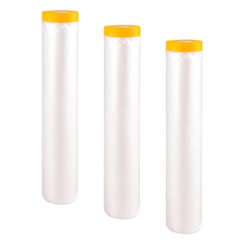 Image of 4 Rolls 8.8 x 65 Feet Painters Plastic Sheeting, Pre-Taped Masking Film, Clear Drop Cloth for Painting, Automotive Covering and Appliance Protection (Pack of 3)