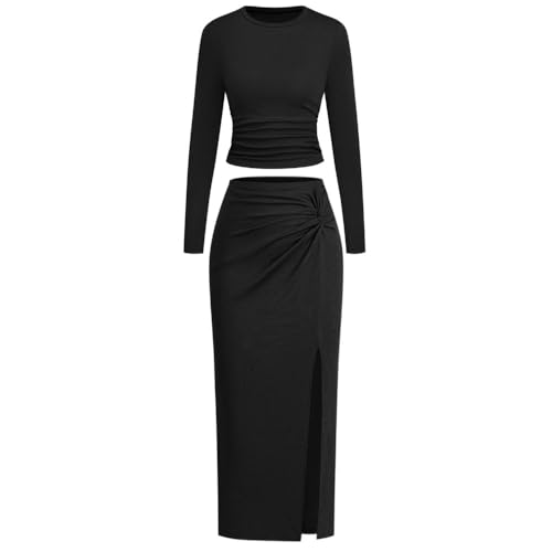 Women's 2 Pieces Skirt Set Knit Long Sleeve Crop Top Twist Front Slim Fit Solid Color Side Slit Tight Bodycon Skirt