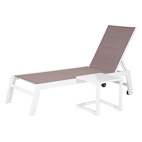Happy Garden Bain de Soleil Barbados en textilène Taupe et Aluminium Blanc + Table d'appoint. Transat d'extérieur Multi Position.