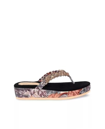 Image of ZAPATOZ Women's Floral Platform Sandals with Braided Gold Embellishment, Black Velvet Thong Slippers, Printed Sole Design