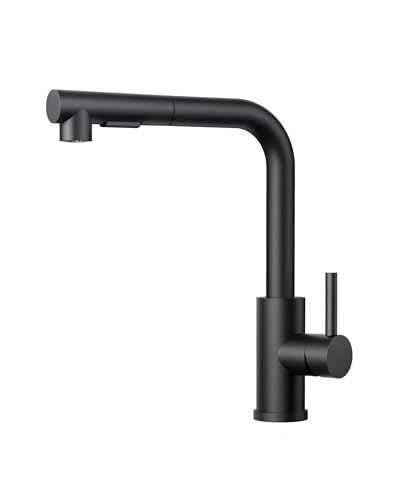 FORIOUS Robinet Cuisine Noir, Mitigeur Cuisine avec Douchette Extractible, 2 Modes de Pulvérisation et Pivotante à 360°, En Forme de L Acier Inoxydable Monolevier Robinet Evier