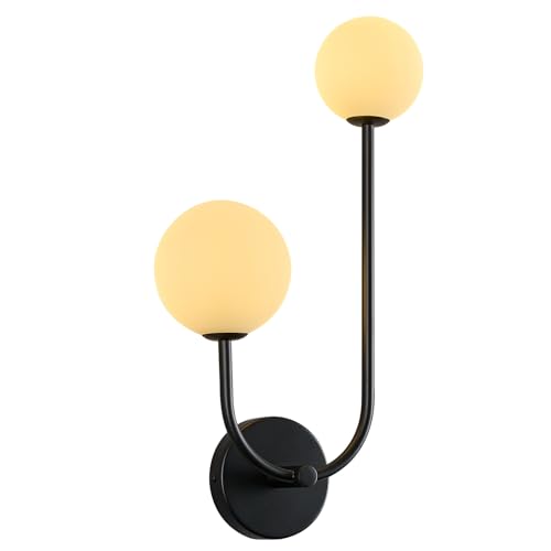 Image of Milk Glass Wall Sconce Black Wall Sconces Mid Century Modern Sconces Wall Lighting 2 Light Globe Sconce for Bedroom Living Room Hallway Wall Light Fixtures