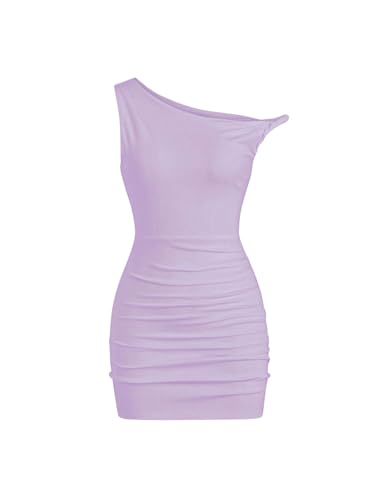 SOLY HUX Women's Summer Mini Dresses Off The Shoulder Ruched Bodycon Graduation Dress Sexy Going Out Party Club Outfits Plain Purple S