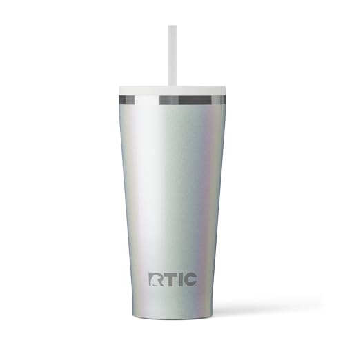 RTIC 20oz Everyday Tumbler Insulated Stainless Steel Portable Travel Coffee Cup with Straw, Ceramic Lining, Spill-Resistant Lid, BPA-Free, Hot and Cold Drink, White Glitter