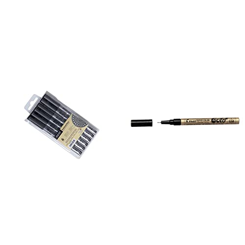 Image of BRUSTRO Technical Pen (Pack Of 6) & Pilot Super Colour Extra Fine Marker, Gold