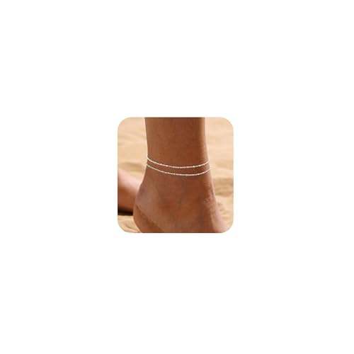 Image of Gold Ankle Bracelets for Women,14k Gold /Silver Plated Waterproof Layered lightweight Cuban Link Figaro Chain Heart anklet Bracelets Set Gold Anklets for women Trendy Jewelry Gift