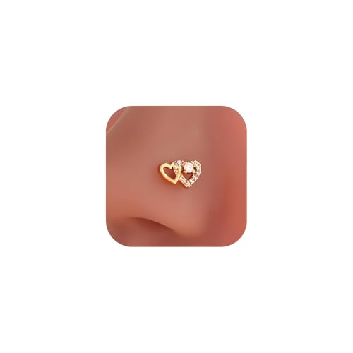 Dtexhif 14K Gold Plated Heart Nose Stud for Women Silver Plated Heart Nose Ring with Faux Diamond CZ Hearts Noses Rings Piercing Jewelry (Gold)