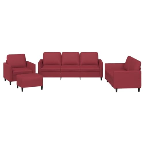 vidaXL Sofagarnitur 4-TLG., Sessel Couch mit Kissen Fußhocker, Sofa Wohnzimmersofa mit Armlehnen, Couchgarnitur Designsofa Sitzmöbel Polstermöbel, Weinrot Kunstleder