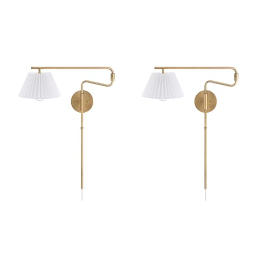 Image of Nathan James Kai Modern Wall Mounted Plugin Bedside Reading Lamp with Pleated Shade, Vintaged Brass Finish, Set of 2
