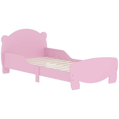 AIYAPLAY Letto Montessori per Bambini 3-6 Anni, 140x70 cm Lettino Singolo per Bambini con Sponde Anti-Caduta e Rete a Doghe a Forma di Orso in Legno per Cameretta, Rosa
