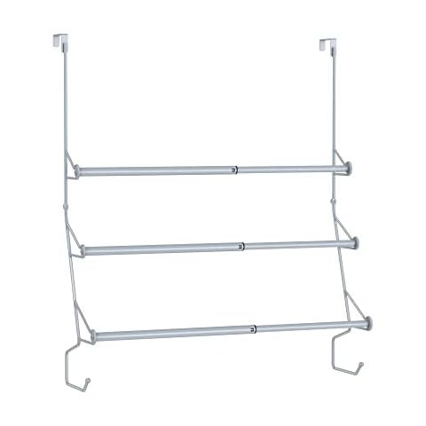 Elbourn Adjustable Over The Door Triple Towel Rack with Hooks, Towel Bar Hanger for Bathroom, Silver Cover