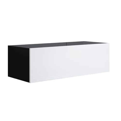 MB Muebles Bonitos, Mueble TV Colgante Luke H1 para Salón Moderno, Mueble Suspendido en Pared, Diseño Modular con Puerta Abatible, Melamina Brillo, Negro y Blanco, 100x30x40 cm