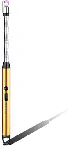 Isqueiro Acendedor Elétrico Recarregável de Fogão a Gás, Churrasqueira, Velas, Cozinha, Ponta Flexível, Carregamento USB, 27 cm, Premium (Dourado)